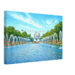 1960s view of the Fountains of the Fair at the New York World's Fair, with the Unisphere framed by colorful fountains and the Sky Ride crossing overhead, reimagined in a painterly style from a genuine vintage color photograph.