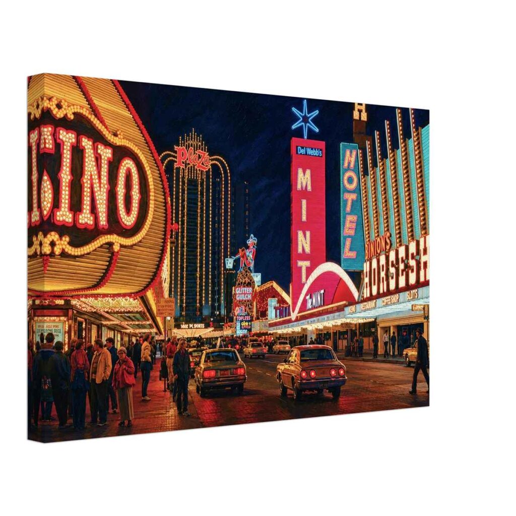 1980s painterly nighttime view of Fremont Street in Las Vegas, Nevada with The Mint, Binion's Horseshoe and classic neon casino signs - canvas print.
