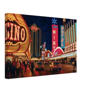 1980s painterly nighttime view of Fremont Street in Las Vegas, Nevada with The Mint, Binion's Horseshoe and classic neon casino signs - canvas print.