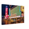 Painterly 1960s night view of Fremont Street in Las Vegas, with neon signs for Binion’s Horseshoe, The Mint and Hotel Fremont, plus cars and crowds.