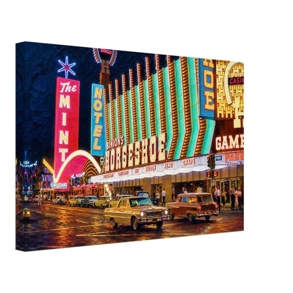 Painterly 1960s night view of Fremont Street in Las Vegas, with neon signs for Binion’s Horseshoe, The Mint and Hotel Fremont, plus cars and crowds.