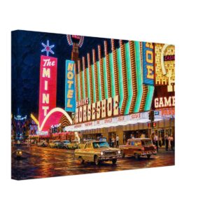 Painterly 1960s night view of Fremont Street in Las Vegas, with neon signs for Binion’s Horseshoe, The Mint and Hotel Fremont, plus cars and crowds.