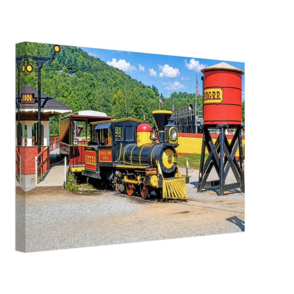 1950s view of steam locomotive No. 44 at Frontier Town Railroad in North Hudson, New York, reimagined in a painterly style from a genuine vintage color photograph.