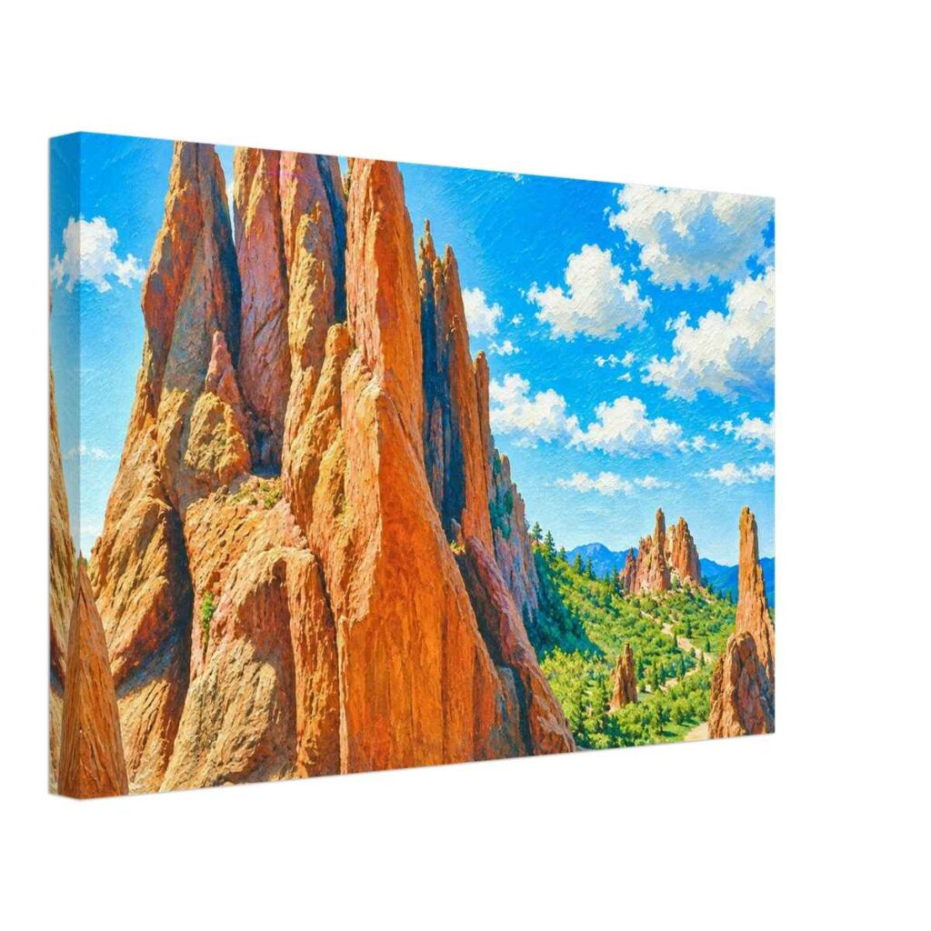 Painterly 1960s view of Garden of the Gods in Colorado Springs, with red sandstone rock formations, green trees, distant mountains and a blue sky.