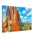 Painterly 1960s view of Garden of the Gods in Colorado Springs, with red sandstone rock formations, green trees, distant mountains and a blue sky.