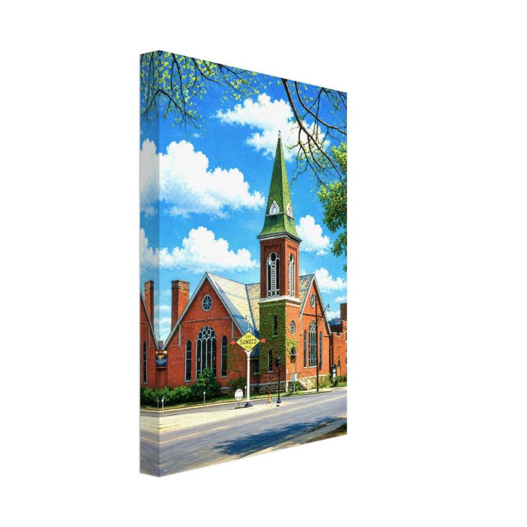 Painterly 1950s view of Garland Street Methodist Episcopal Church in Flint, Michigan, with red-brick walls, green steeple, ivy, Gothic windows and a vintage Sunoco sign.