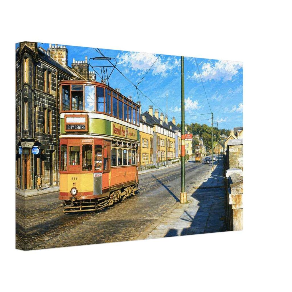 1950s painterly view of Glasgow Corporation Tram 679 travelling through Glasgow, Scotland towards the City Centre - canvas print.