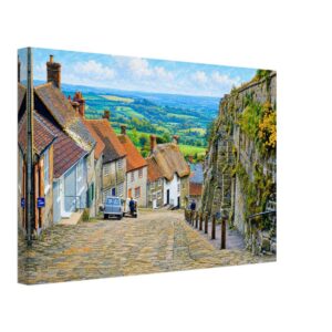 Painterly 1970s view of Gold Hill in Shaftesbury, Dorset, with cobbled street, cottages, stone walls, flowers, thatched roof and countryside beyond.
