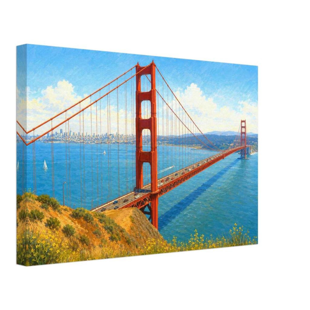 Painterly 1970s view of the Golden Gate Bridge in San Francisco with blue bay water, city skyline, sailboats, hills and yellow wildflowers.