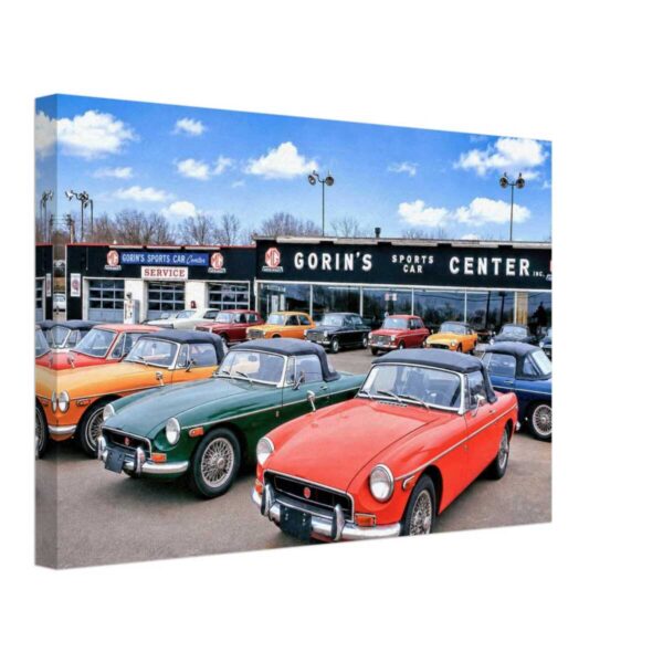 Gorin's Sports Car Center, Vernon, Connecticut 1970 - Canvas Print 1970 view of Gorin's Sports Car Center in Vernon, Connecticut, with MG sports cars outside the dealership.