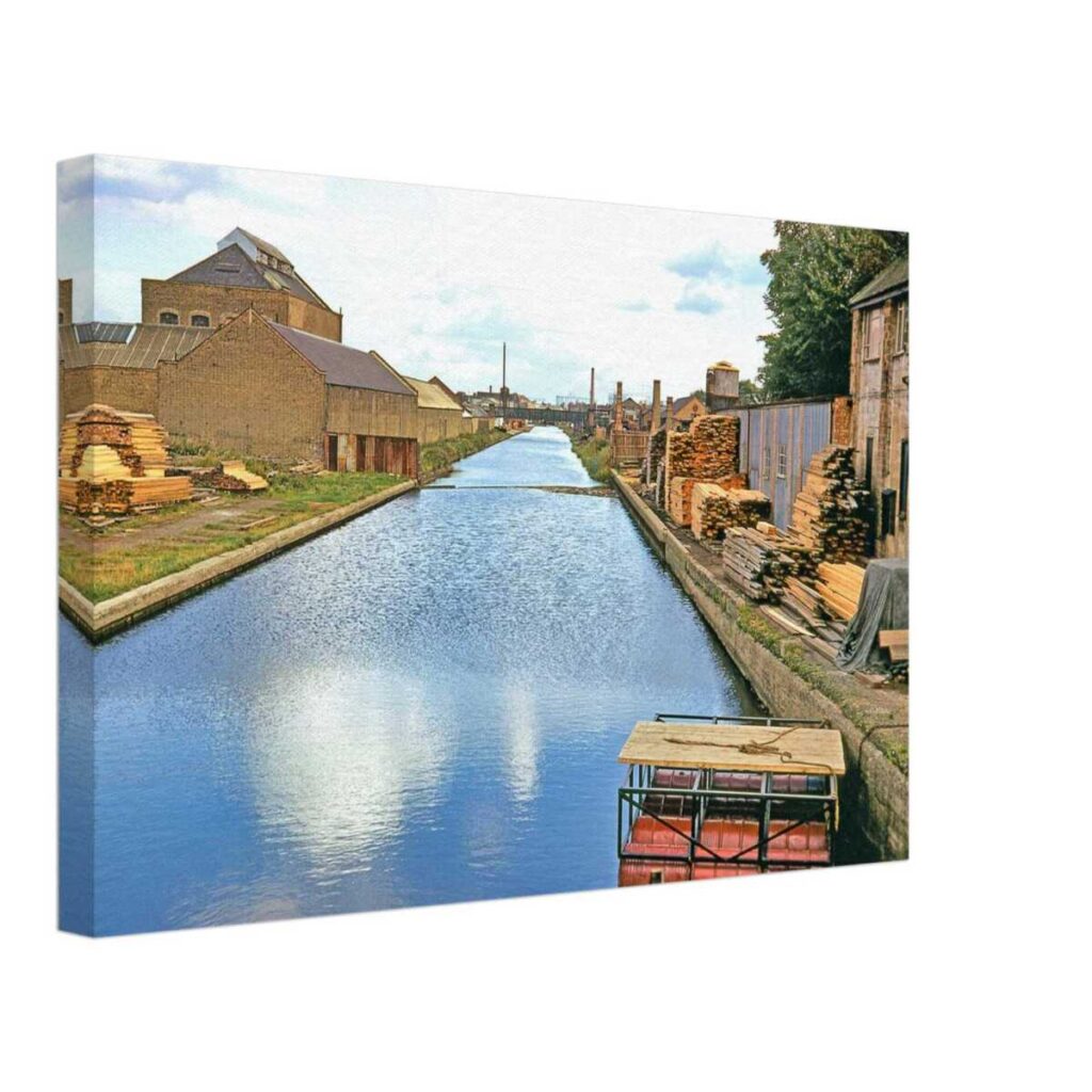 Grand Surrey Canal viewed from Wells Way Bridge in South London, looking east toward the surviving Bridge to Nowhere, 1968.