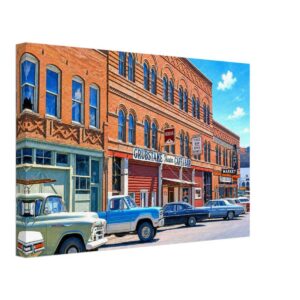 Grubstake Theater, Cripple Creek, Colorado 1970s - Canvas Print 1970s view of the Grubstake Theater Café & Bar on Bennett Avenue in Cripple Creek, Colorado, with classic cars lining the historic downtown street, reimagined in a painterly style from a genuine vintage color photograph.