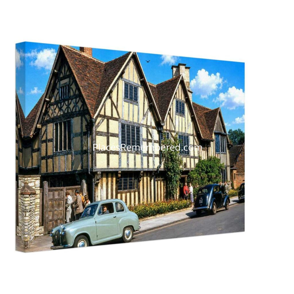 1950s view of Hall's Croft in Stratford-upon-Avon, with the historic Tudor house, visitors, and a green Austin A30 parked outside, prepared from a genuine vintage color photograph in a clean photographic style.