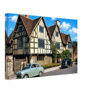 Hall's Croft, Stratford-upon-Avon 1950s - Canvas Print 1950s view of Hall's Croft in Stratford-upon-Avon, with the historic Tudor house, visitors, and a green Austin A30 parked outside, prepared from a genuine vintage color photograph in a clean photographic style.