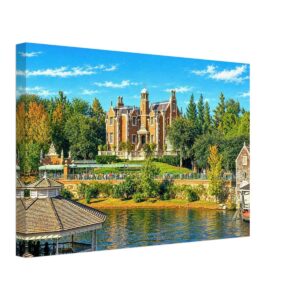 1970s painterly view of the Haunted Mansion at Walt Disney World, Florida overlooking the Rivers of America - canvas print.