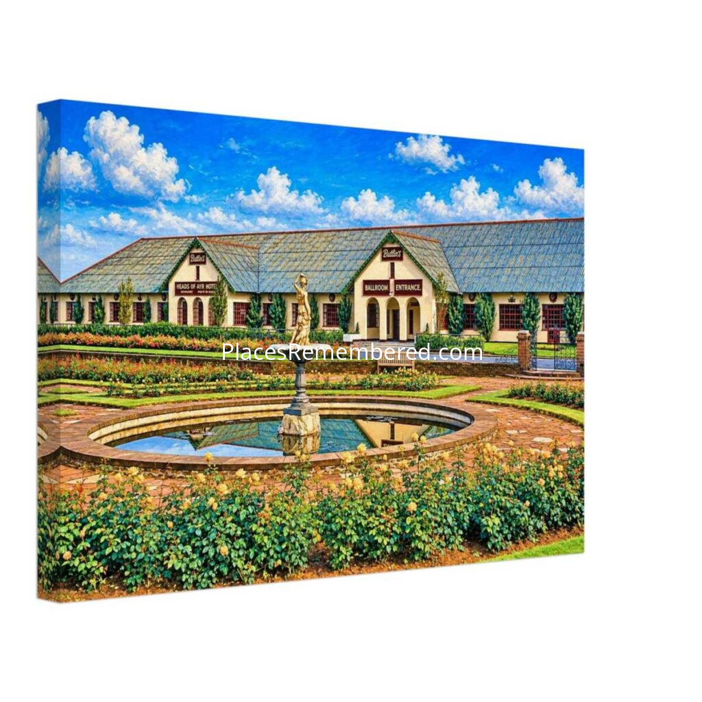 1950s view of the Heads of Ayr Hotel at Butlin's Holiday Camp in Ayr, Scotland, featuring its landscaped gardens, ornamental fountain and ballroom entrance, reimagined in a painterly style from a genuine vintage color photograph.