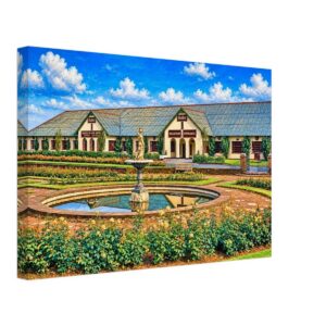 1950s view of the Heads of Ayr Hotel at Butlin's Holiday Camp in Ayr, Scotland, featuring its landscaped gardens, ornamental fountain and ballroom entrance, reimagined in a painterly style from a genuine vintage color photograph.