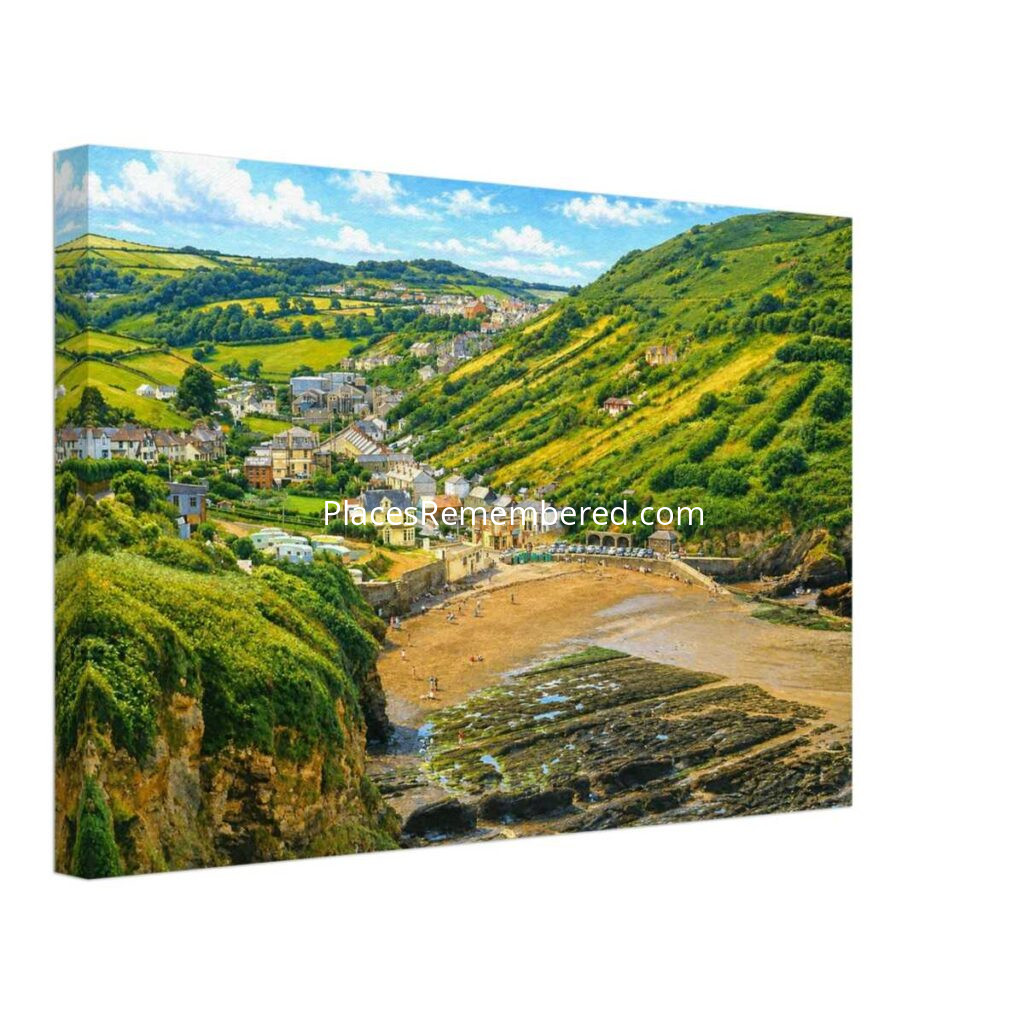 1960s elevated view of Hele Bay near Ilfracombe, Devon, showing the sandy beach, rocky cove, and hillside village on the North Devon coast, reimagined in a painterly style from a genuine vintage color photograph.