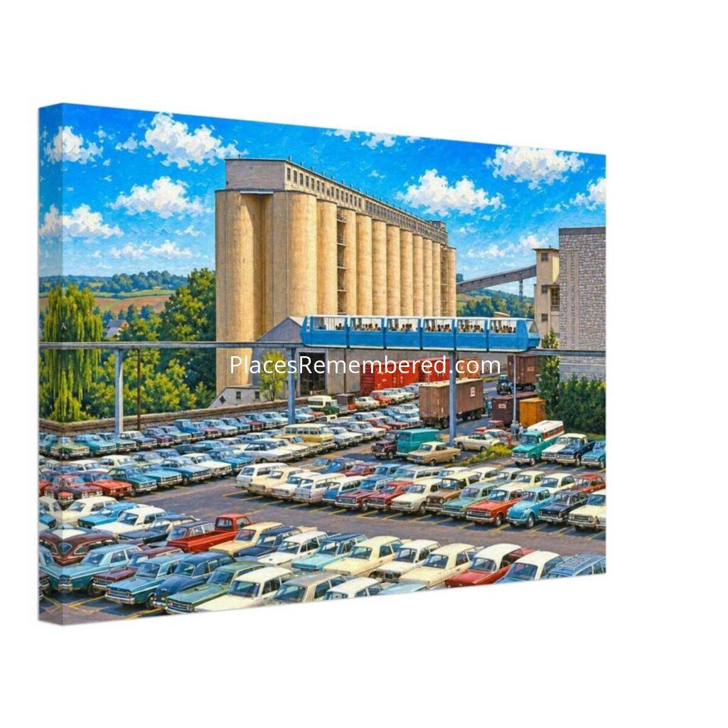 1970s view of the Hersheypark Monorail passing the Hershey Chocolate Factory silos in Hershey, Pennsylvania, reimagined in a painterly style from a genuine vintage color photograph.