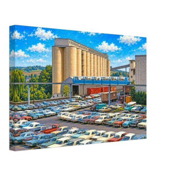 Hersheypark Monorail and Chocolate Factory, Hershey, Pennsylvania 1970s - Canvas Print 1970s view of the Hersheypark Monorail passing the Hershey Chocolate Factory silos in Hershey, Pennsylvania, reimagined in a painterly style from a genuine vintage color photograph.