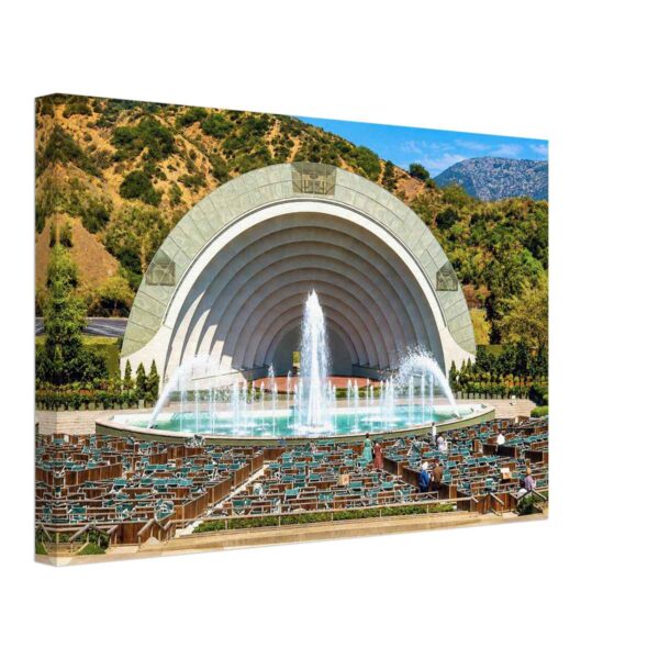Hollywood Bowl with Fountains, California 1950s - Canvas Print Painterly 1950s view of the Hollywood Bowl in California, with fountains in front of the amphitheater, rows of seats, visitors and hills behind the stage.