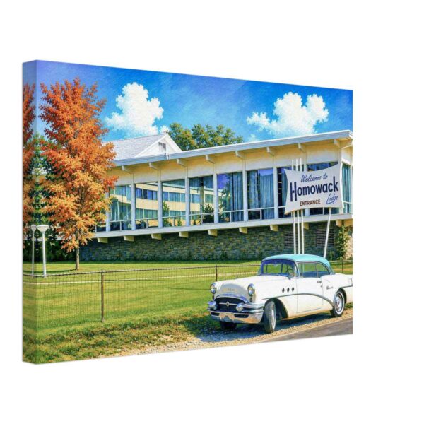 Homowack Lodge Hotel, Spring Glen, New York 1960s - Canvas Print Painterly 1960s view of Homowack Lodge Hotel in Spring Glen, New York, with the entrance sign, mid-century lodge building, autumn tree and a white 1955 Buick Special.