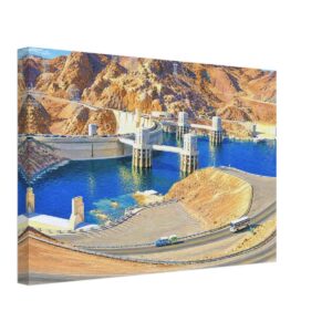 Hoover Dam and Lake Mead 1970s – Canvas Print Painterly 1970s view of Hoover Dam and Lake Mead, with concrete dam walls, intake towers, blue reservoir water, desert mountains and curving roads.