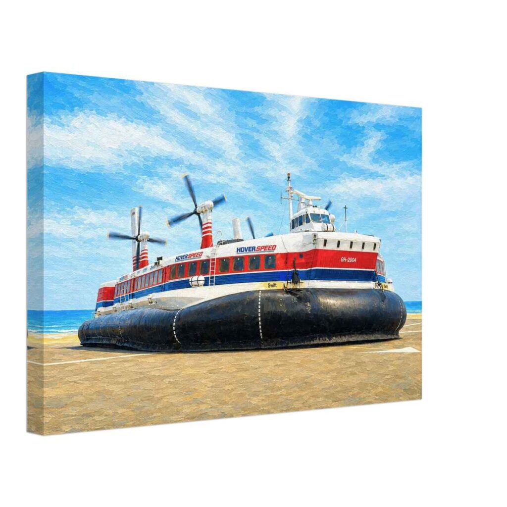 Painterly 1980s view of the Hoverspeed Swift SR.N4 hovercraft at Dover, with red, white and blue livery, spinning propellers and the sea behind it.