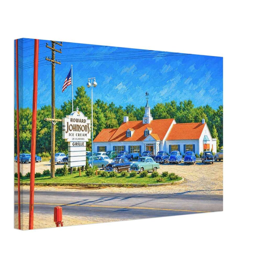 Painterly 1950s view of Howard Johnson’s in Ann Arbor, Michigan, with orange-roofed restaurant, roadside ice cream sign, American flag and parking lot filled with vintage cars.