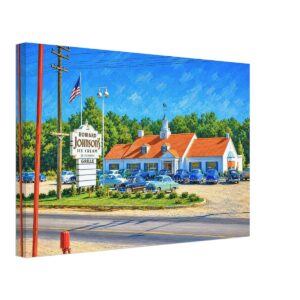 Howard Johnson’s Restaurant, Ann Arbor, Michigan 1950s - Canvas Print Painterly 1950s view of Howard Johnson’s in Ann Arbor, Michigan, with orange-roofed restaurant, roadside ice cream sign, American flag and parking lot filled with vintage cars.