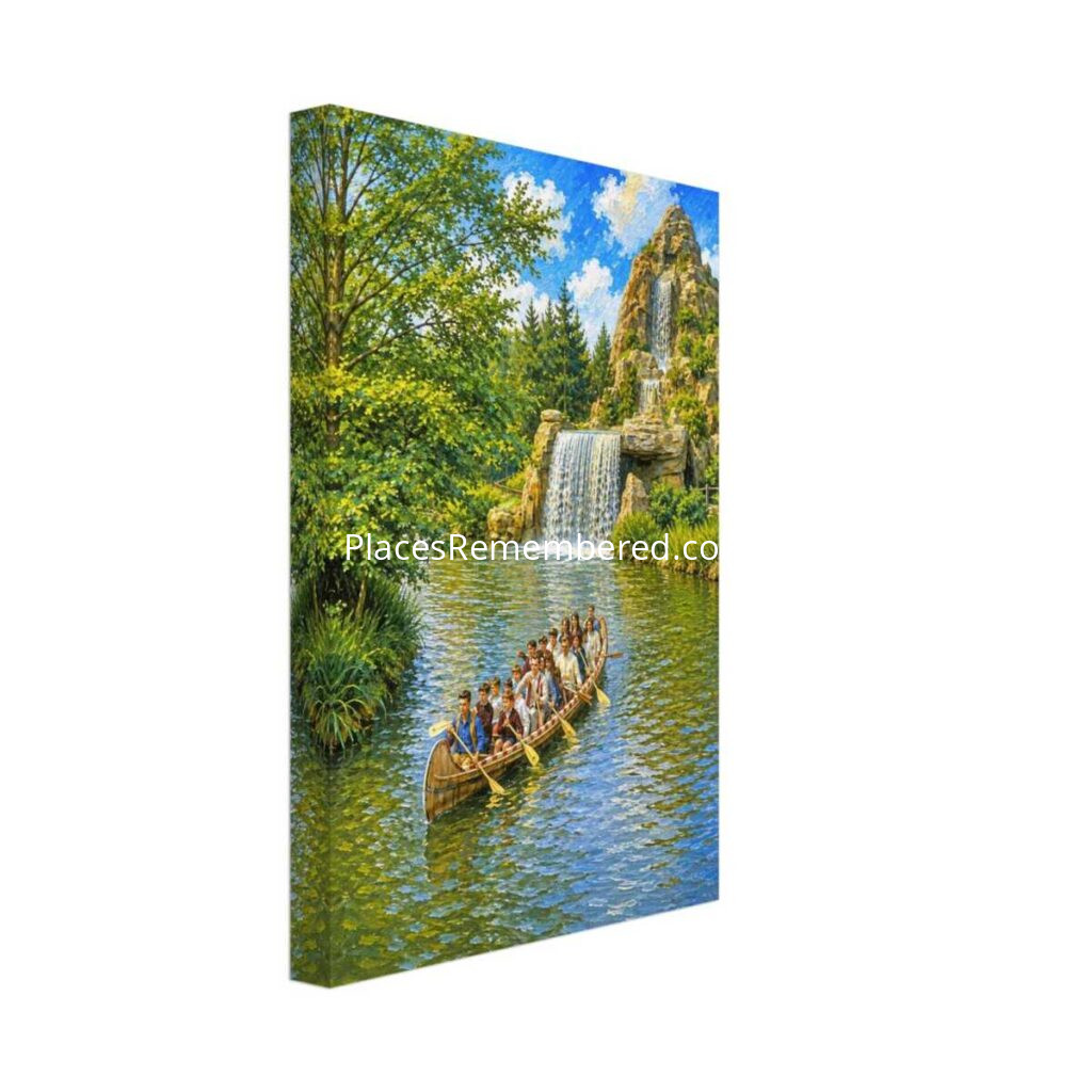 1960s guests paddling the Indian War Canoes past the Matterhorn waterfall at Disneyland, California, reimagined in a painterly style from a genuine vintage color photograph.