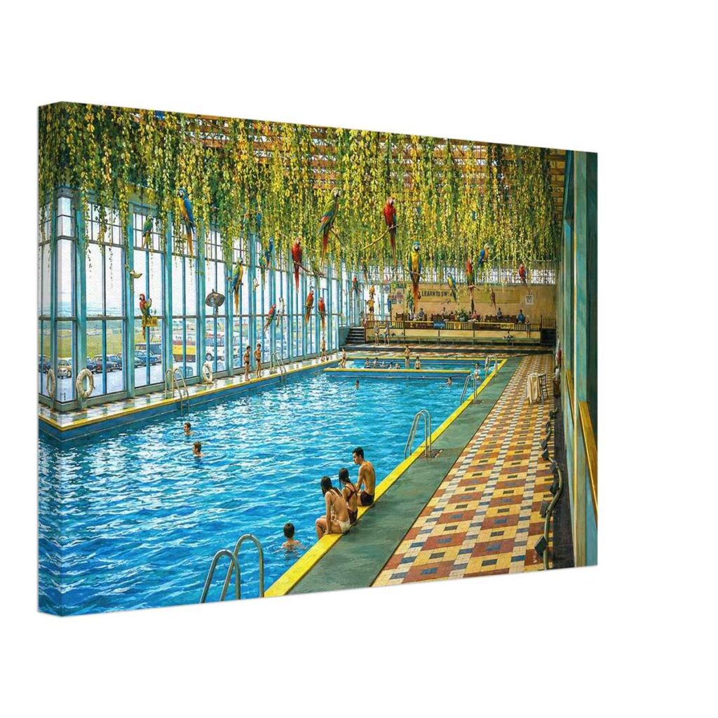 1960s painterly view of the original indoor swimming pool at Butlin's Holiday Camp, Bognor Regis with hanging parrots and tropical foliage - canvas print.
