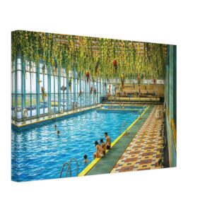 1960s painterly view of the original indoor swimming pool at Butlin's Holiday Camp, Bognor Regis with hanging parrots and tropical foliage - canvas print.