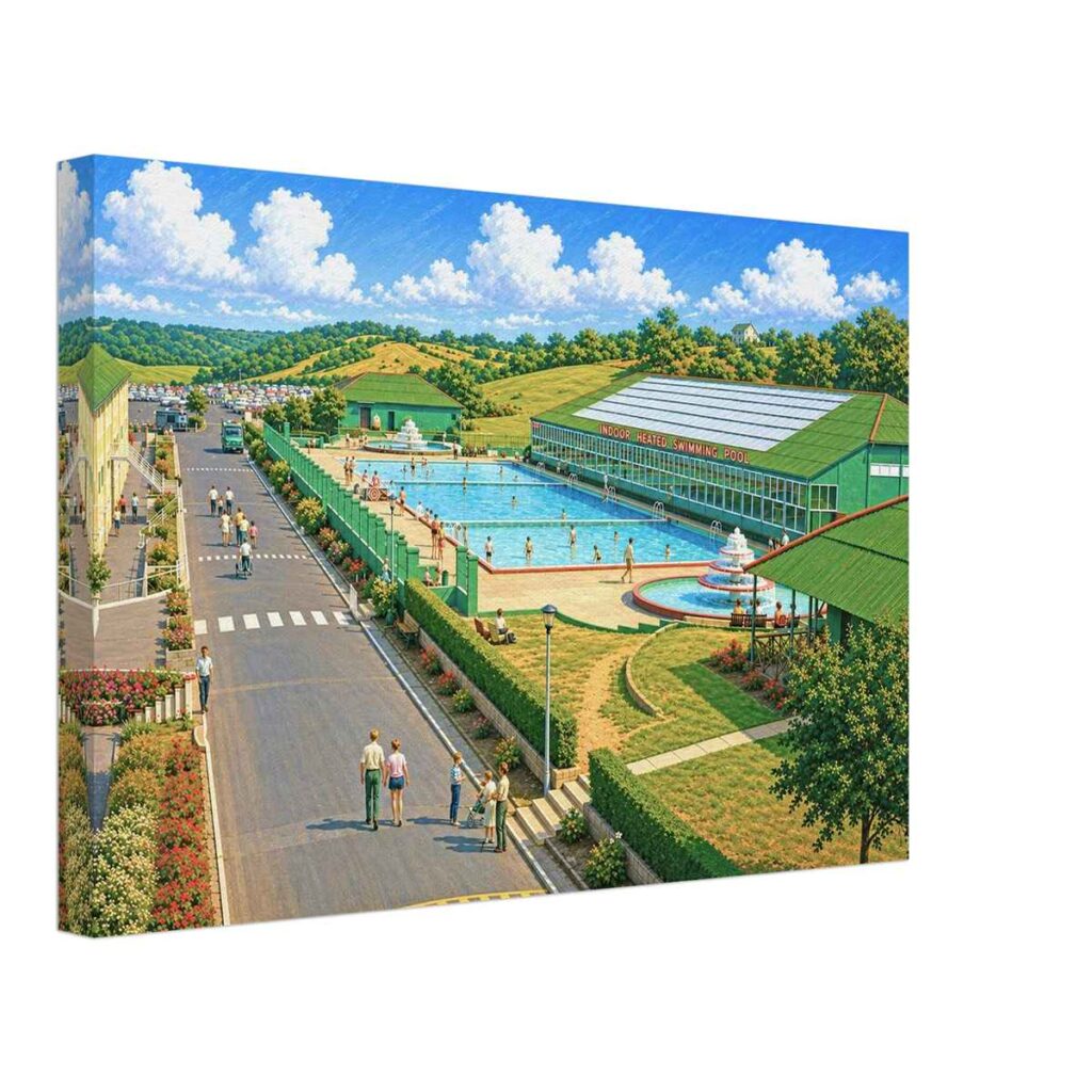 1980s painterly aerial view of the indoor and outdoor swimming pools at Butlin's Ayr Holiday Camp, Scotland, seen from the chairlift - canvas print.