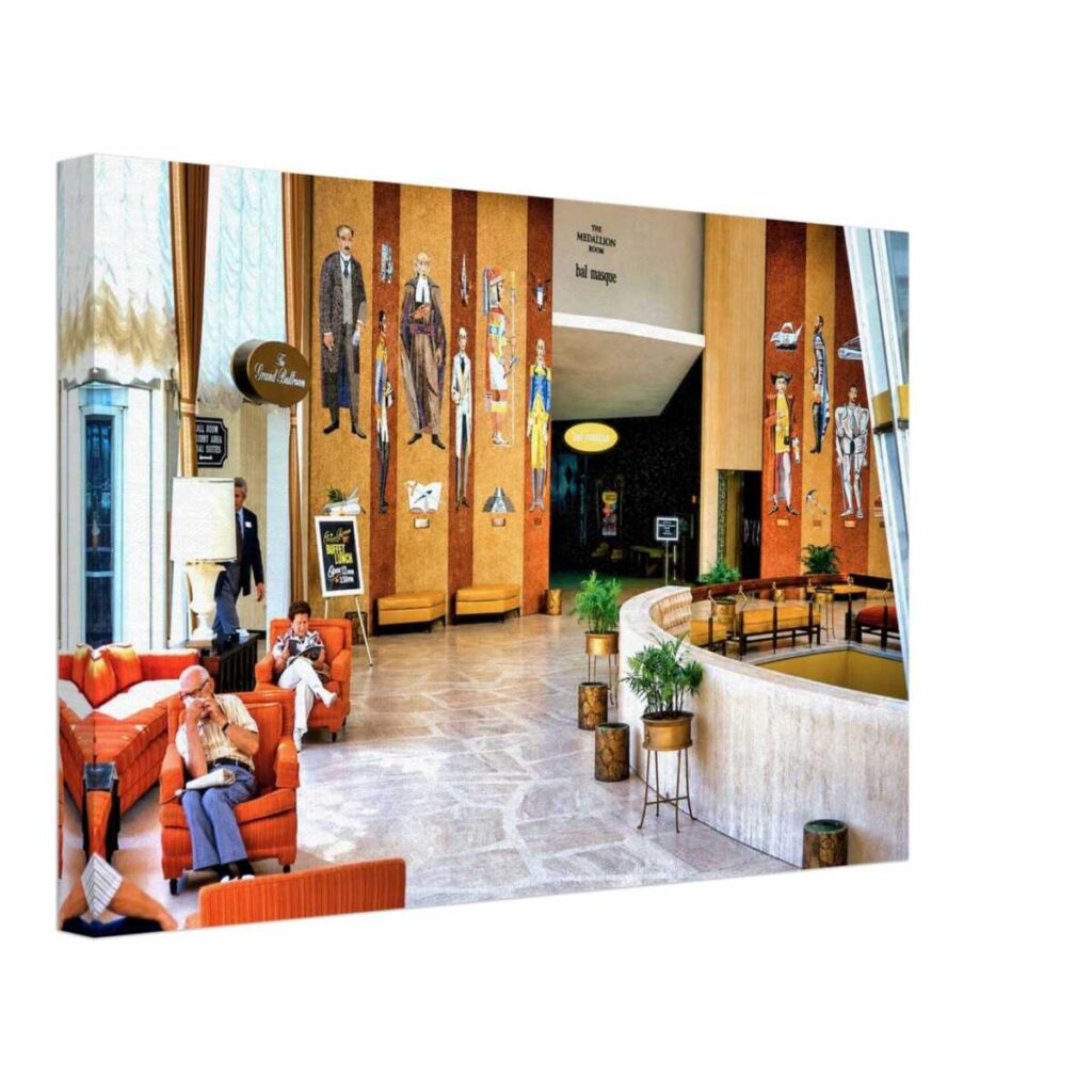 Vintage 1974 interior of the Americana Hotel lobby and Bal Masque entrance in Bal Harbour, Florida.