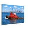 1970s painterly view of the Jane McAllister tugboat in New York Harbor with the World Trade Center, Manhattan skyline and Statue of Liberty - canvas print.