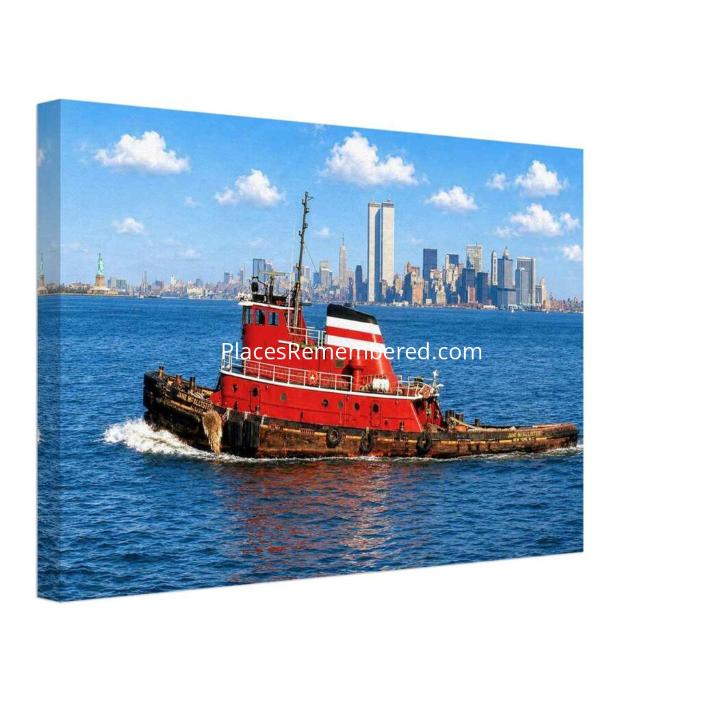1970s painterly view of the Jane McAllister tugboat in New York Harbor with the World Trade Center, Manhattan skyline and Statue of Liberty - canvas print.
