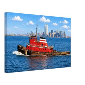 1970s painterly view of the Jane McAllister tugboat in New York Harbor with the World Trade Center, Manhattan skyline and Statue of Liberty - canvas print.