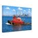 1970s painterly view of the Jane McAllister tugboat in New York Harbor with the World Trade Center, Manhattan skyline and Statue of Liberty - canvas print.