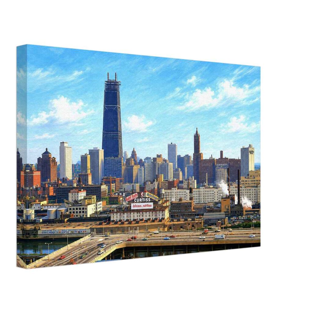 1960s painterly view of the Chicago skyline with the John Hancock Center under construction, Illinois - canvas print.