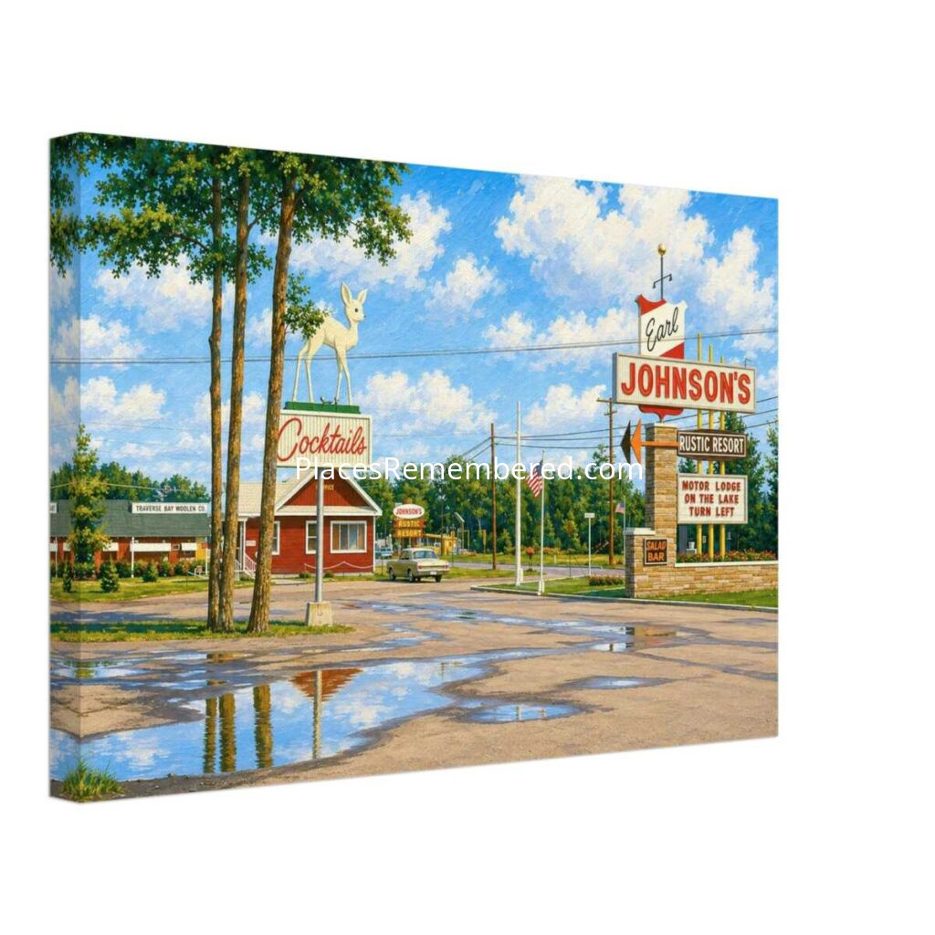 1960s entrance sign for Johnson's Rustic Resort at Houghton Lake in Prudenville, Michigan, reimagined in a painterly style from a genuine vintage color photograph.
