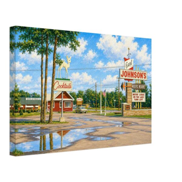 Johnson's Rustic Resort, Houghton Lake,, Michigan 1960s - Canvas Print 1960s entrance sign for Johnson's Rustic Resort at Houghton Lake in Prudenville, Michigan, reimagined in a painterly style from a genuine vintage color photograph.