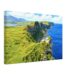 Painterly 1970s view of Kilt Rock on the Isle of Skye, Scotland, with green cliffs, blue sea, distant coastline, sheep and bright sky.