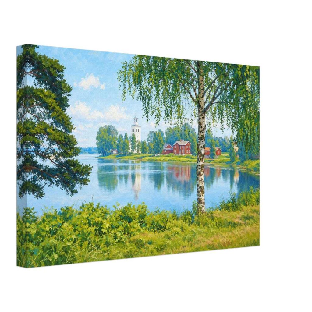 Painterly 1970s view of Lake Rottnen in Sweden with a white church tower, red buildings, calm water reflections, birch trees and summer greenery.