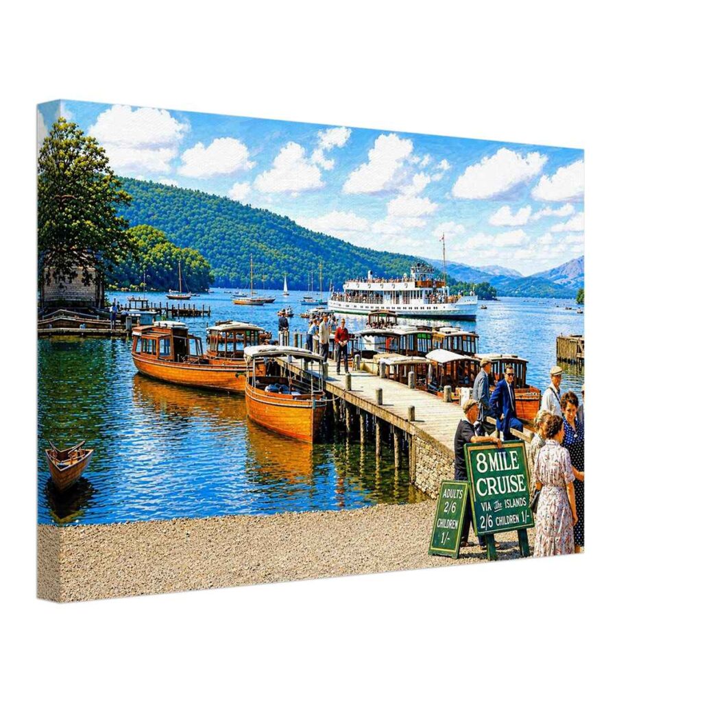 1950s painterly view of Lake Windermere, Cumbria with wooden launches, a Windermere steamer and visitors enjoying the Lake District - canvas print.