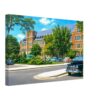 1950s view of Landon Hall at Michigan State University in East Lansing, featuring the red-brick residence hall, landscaped campus grounds, and classic American cars, reimagined in a painterly style from a genuine vintage color photograph.