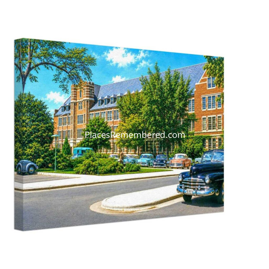 1950s view of Landon Hall at Michigan State University in East Lansing, featuring the red-brick residence hall, landscaped campus grounds, and classic American cars, reimagined in a painterly style from a genuine vintage color photograph.