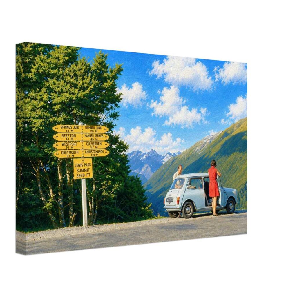 Painterly 1970s view of Lewis Pass Summit in New Zealand with a blue Mini, yellow road signs, travelers, mountain scenery and bright sky.