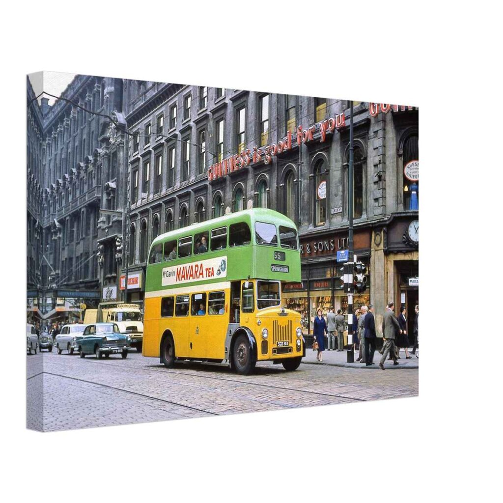 Photographic 1960s view of Union Street in Glasgow with a green-and-yellow Leyland Titan double-decker bus, period cars, pedestrians, tram tracks and Guinness signage.
