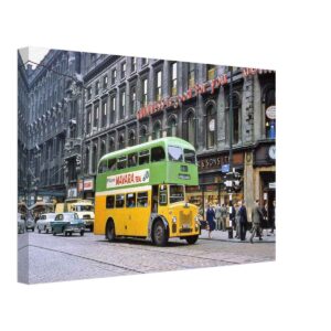 Leyland Titan Bus on Union Street, Glasgow, Scotland 1960s - Canvas Print Photographic 1960s view of Union Street in Glasgow with a green-and-yellow Leyland Titan double-decker bus, period cars, pedestrians, tram tracks and Guinness signage.